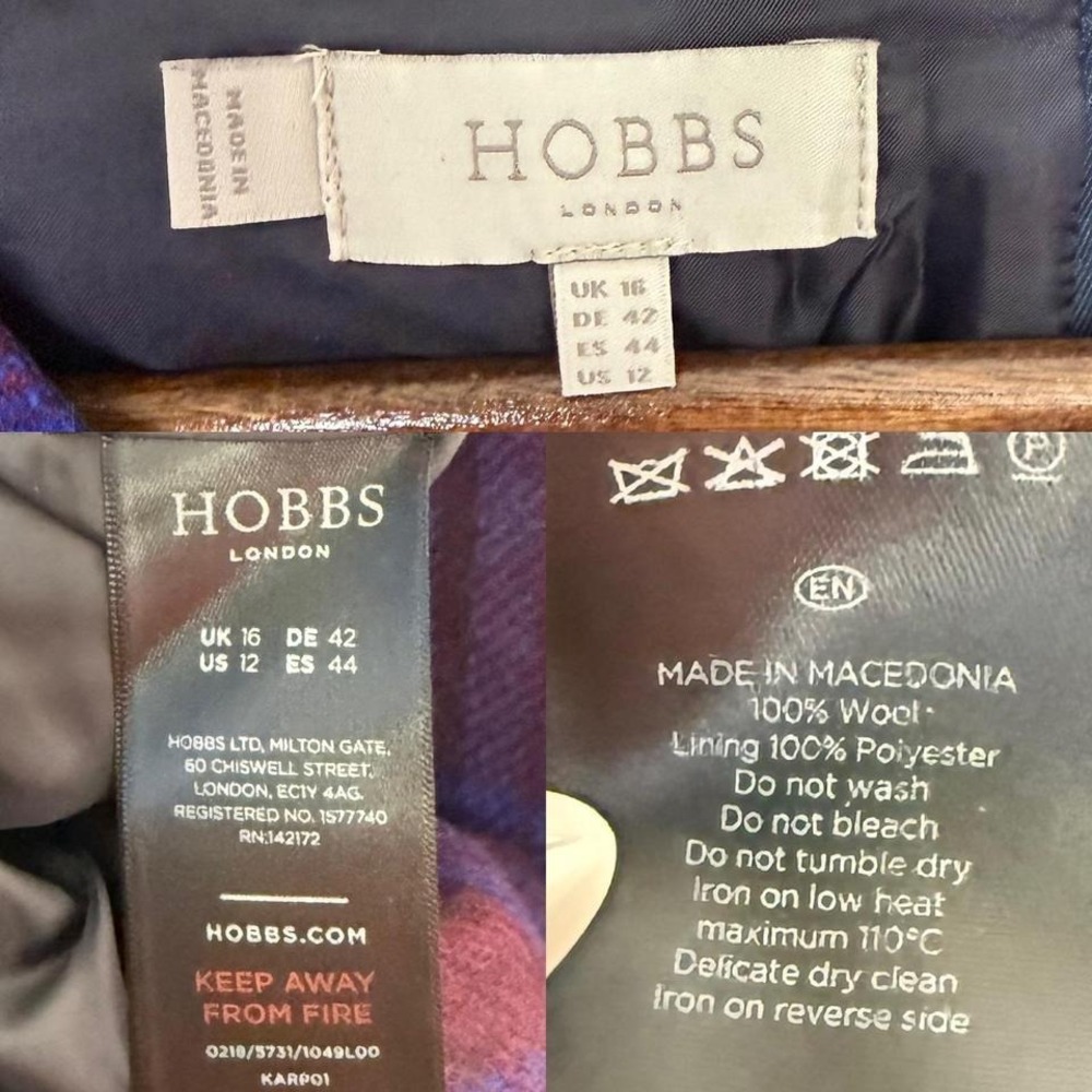 Hobbs London Plaid Wool Sheath Dress Burgundy Blue Knee Length Sleeveless sz 12 - Picture 7 of 9